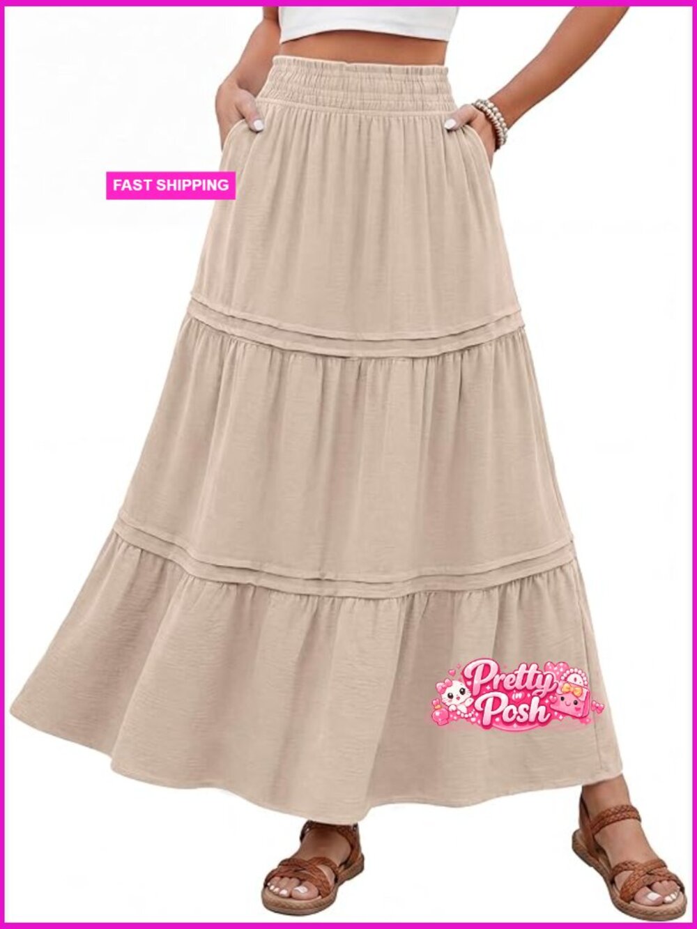 Womens Maxi Skirt Summer Long Flowy Tiered High Waisted A Line Smocked Boho